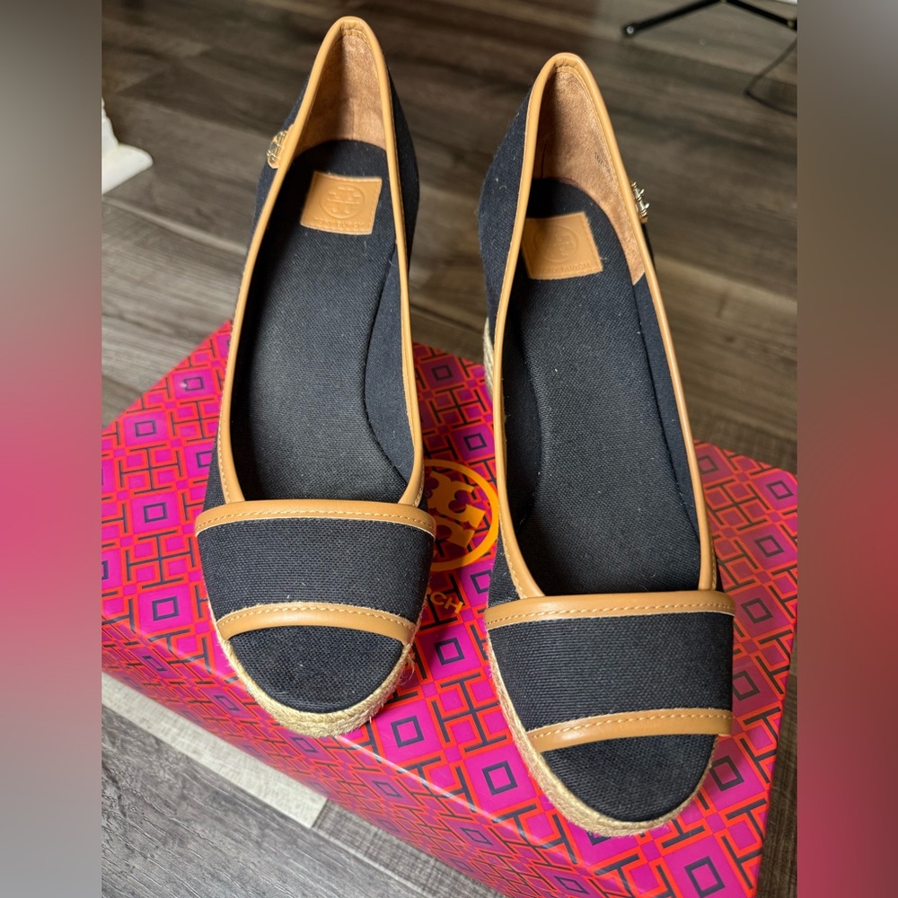 Tory Burch Black and Tan Espadrilles with Nautical Flair
